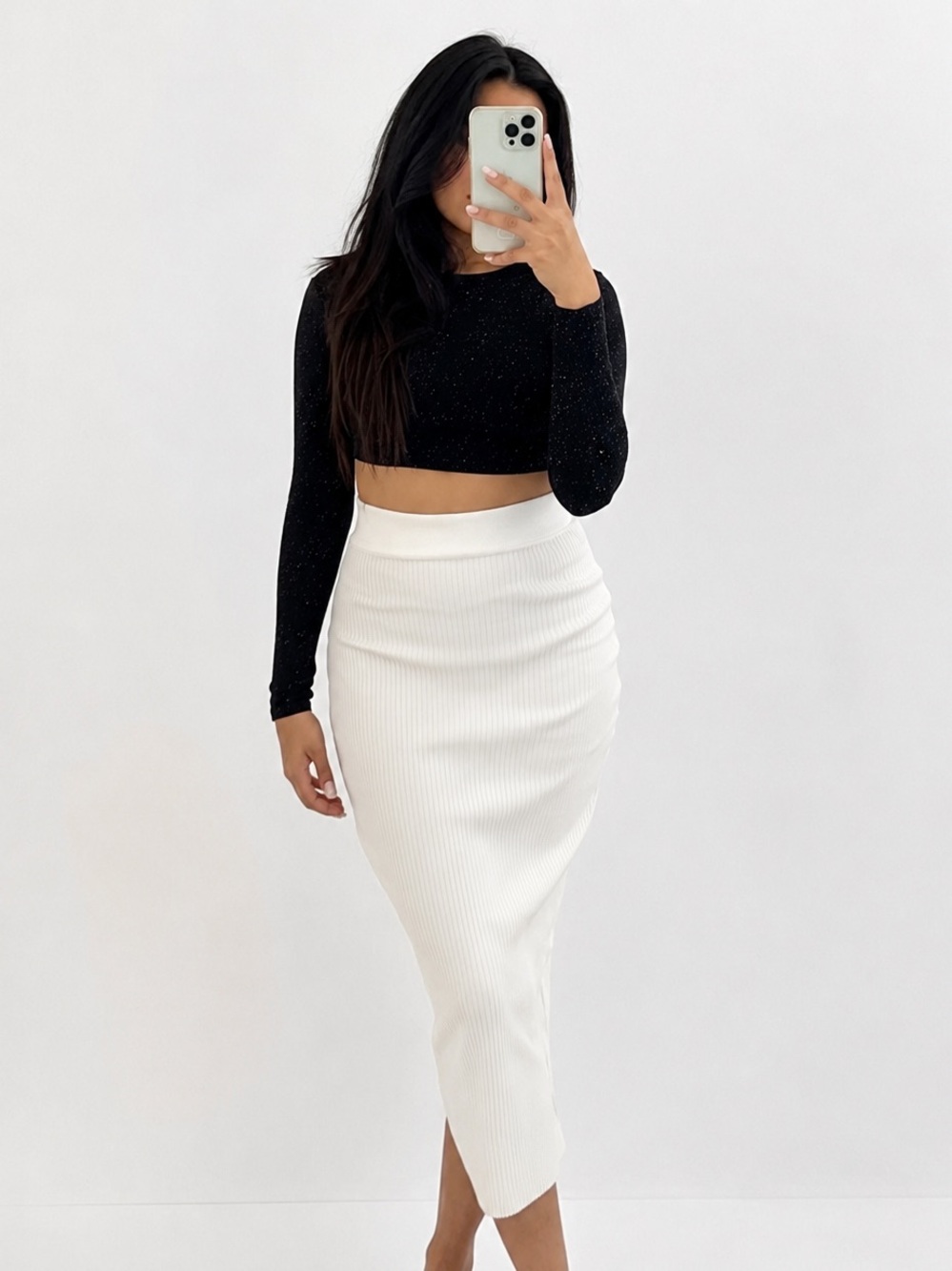 Zara White Ribbed Midi Pencil Skirt